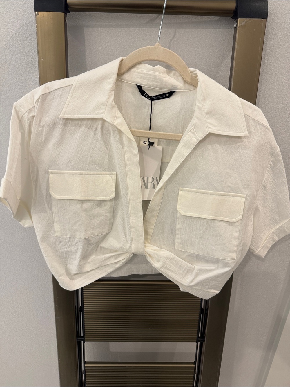 Zara Cream Cropped Tie-Front Pocket Shirt